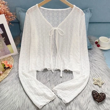 2024 White Tie Up Summer Cardigan Women Sexy Long Sleeve Sheer Mesh Crop Tops Woman Chic All Match Short Printed T Shirt Mujer 3
