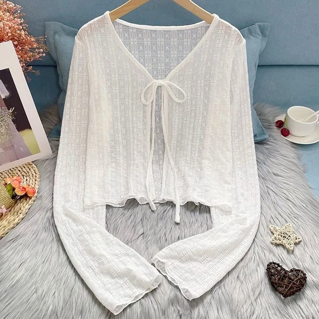 2024 White Tie Up Summer Cardigan Women Sexy Long Sleeve Sheer Mesh Crop Tops Woman Chic All Match Short Printed T Shirt Mujer 3