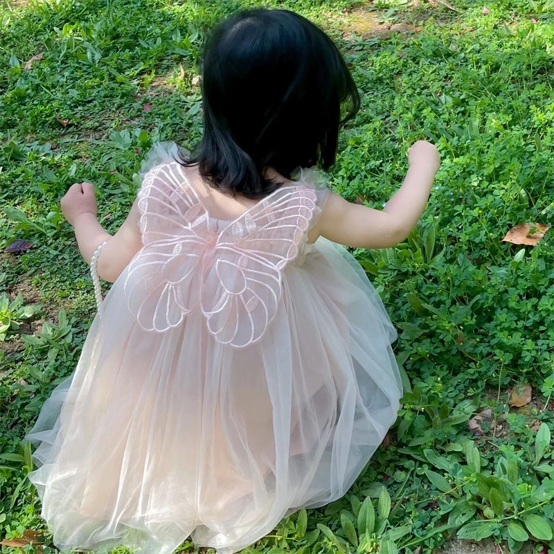 Summer Girl Kawaii Angel Wing Fairy Puffy Dress Toddler Kid New Mesh Sling Princess Dress for Girls Birthday Party Dresses MTK02