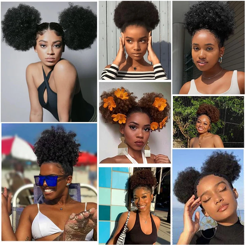 LUPU African fluffy drawstring ponytail suitable for women to synthesize short curly hair African braid wig (black)