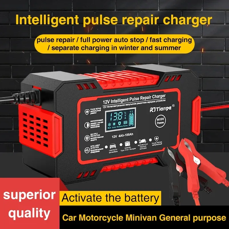 Protable New Car Battery Charger 12V 6A Touch Screen Pulse Repair LCD Fast Power Charging Wet Dry Lead Acid Digital LCD Display