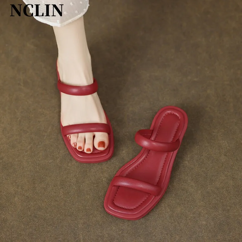 

New Summer Slippers Women 2024 Square Toe Sandals Platform Shoes Chunky Heels Shoes for Women Handmade Comfort Slippers Women