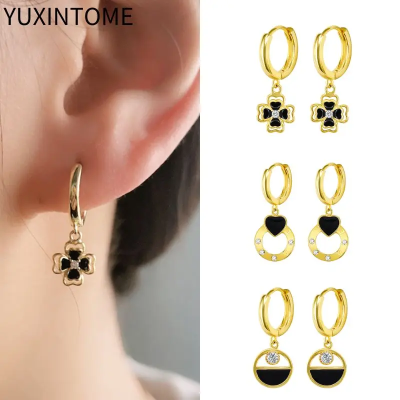 

925 Sterling Silver Ear Needle Flower/Heart Pendant Earrings for Women Black Enamel Round Crystal Hoop Earrings Luxury Jewelry