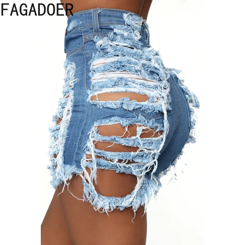 FAGADOER Blue Vintage Fashion Hole Hollow Denim Shorts Women High Waisted Button Skinny Jean Sexy Female Solid Cowboy Bottoms