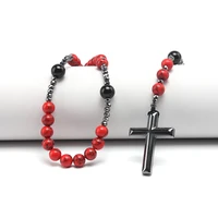 Perles turquoise rouge naturelles de 8 mm avec pendentif croix en hématite pour hommes et femmes 3