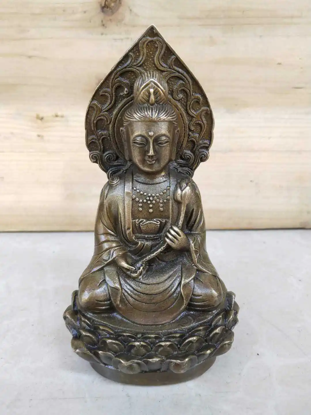 

Bronze collection pure copper backrest sitting lotus Guanyin exquisite workmanship patina moisturizing home craft