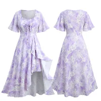 ROSEGAL Plus Size Tie Dye Floral Print Ruffles Lace-Up Dress 2026 Women Summer Dress Light Purple Square Collar Split Vestidos