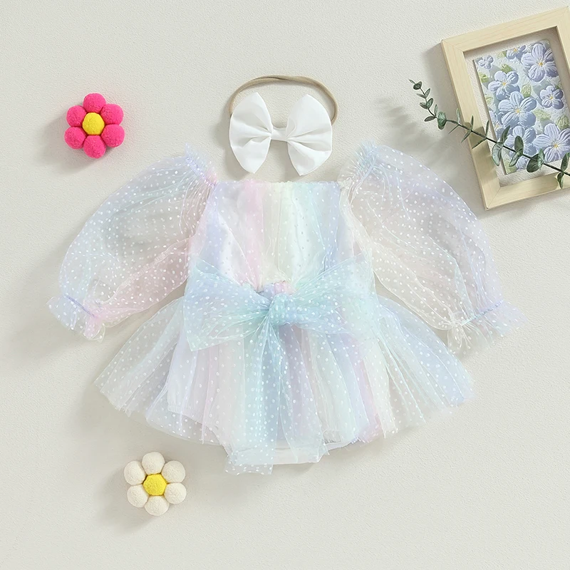 

Lovely Summer Newborn Baby Girls Rompers Headband Clothes Outfits Princess Girls Cute Long Puff Sleeve Dots Print Tulle Jumpsuit