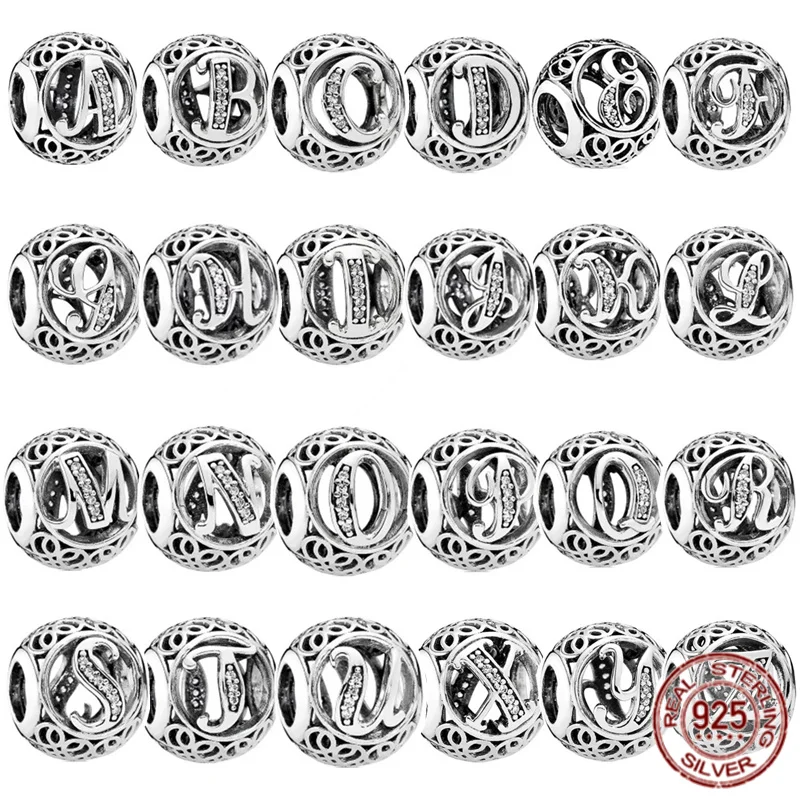 

Classic Sparkling Openwork 26 Spheroidal Letters Charm Beads 925 Sterling Silver DIY Jewelry Fit Original Pandora Bracelet Gift