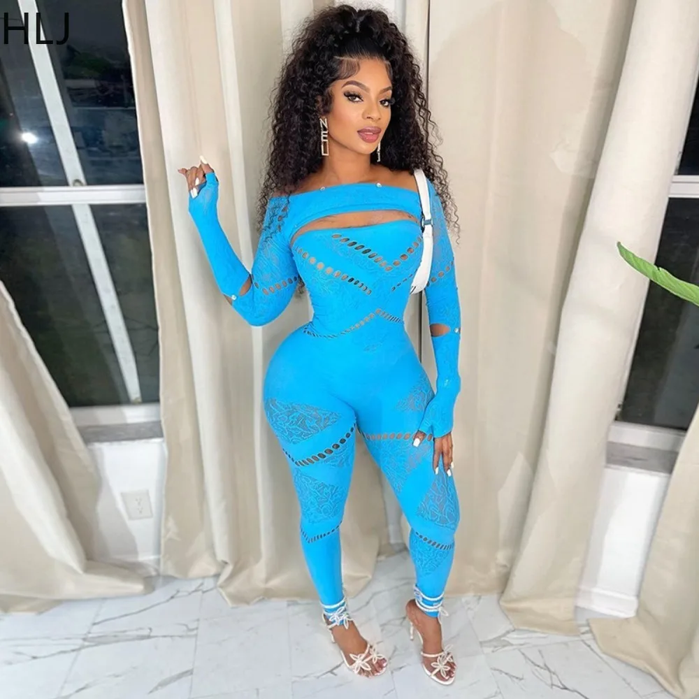 HLJ Spring New Hollow Out Off Shoulder Bodycon Jumpsuits Women Long Sleeve Diamond Solid Color Slim Playsuits Female Overalls