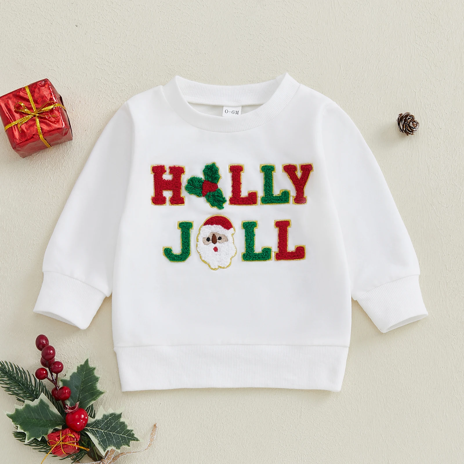 Newborn Baby Boy Girl Christmas Sweatshirts Santa Holly Leaf Embroidery Long Sleeve O Neck Pullovers Toddlers Fall Winter Tops