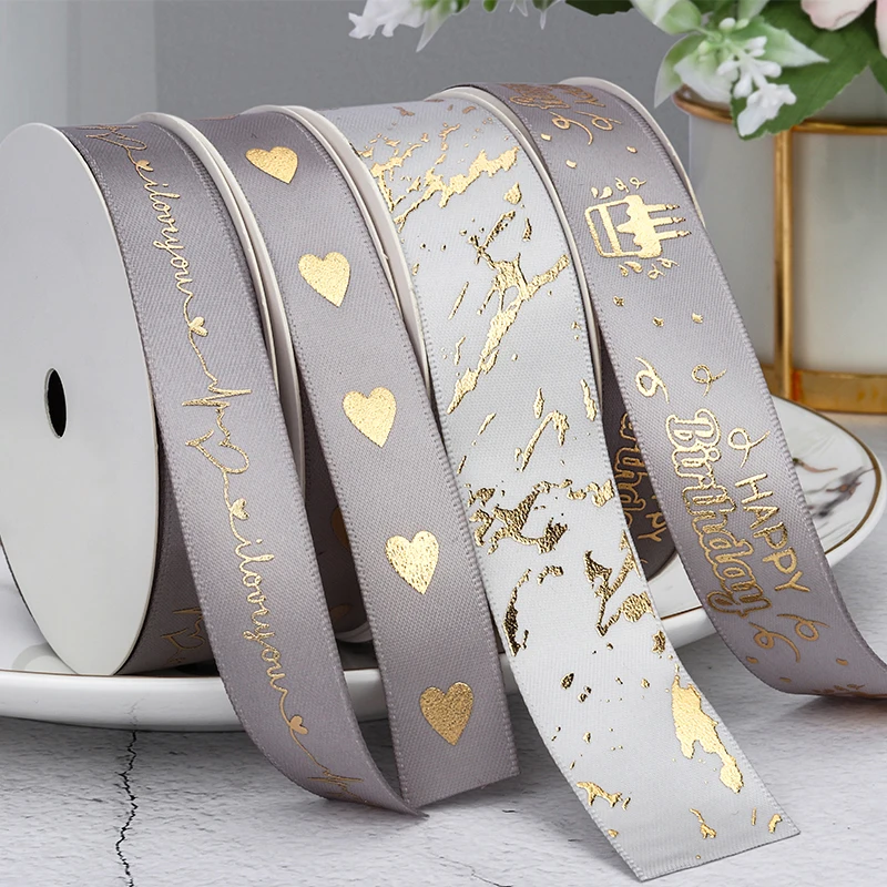 10Yards Premium Grey Collection Happy Birthday Ribbon for Valentine's Day Wedding Event Party Christmas Decoration Baking Bouquet satin ribbons ribbon decoration ribbon supplies christmas ribbon
