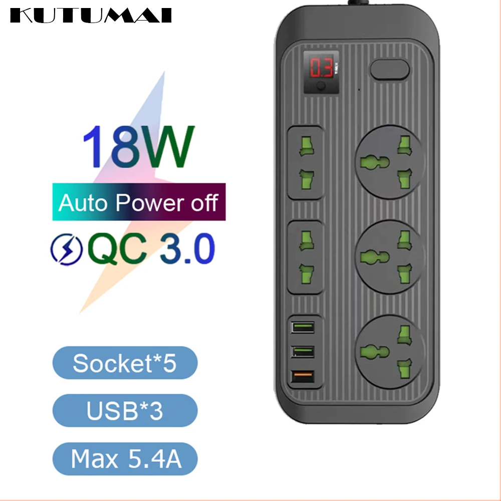 5AC 3USB Outlet Power Strip Multiprise Smart Home Extension Electrical Socket QC3.0 3.1A Computer Phone Charging Network Filter