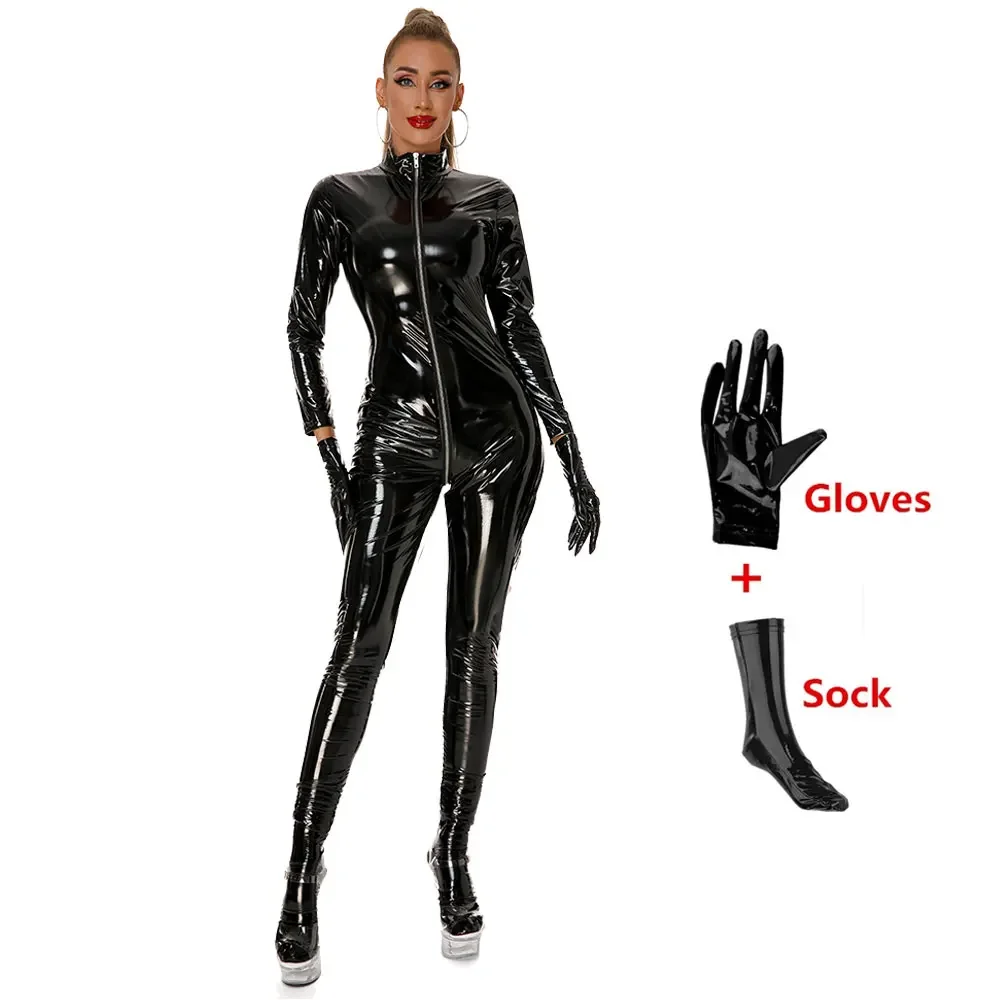 

Sexy Women Faux Leather Catsuit Wetlook Latex Bodysuit Front Zipper Open Crotch Jumpsuits Stretch Bodystocking Erotic Costumes