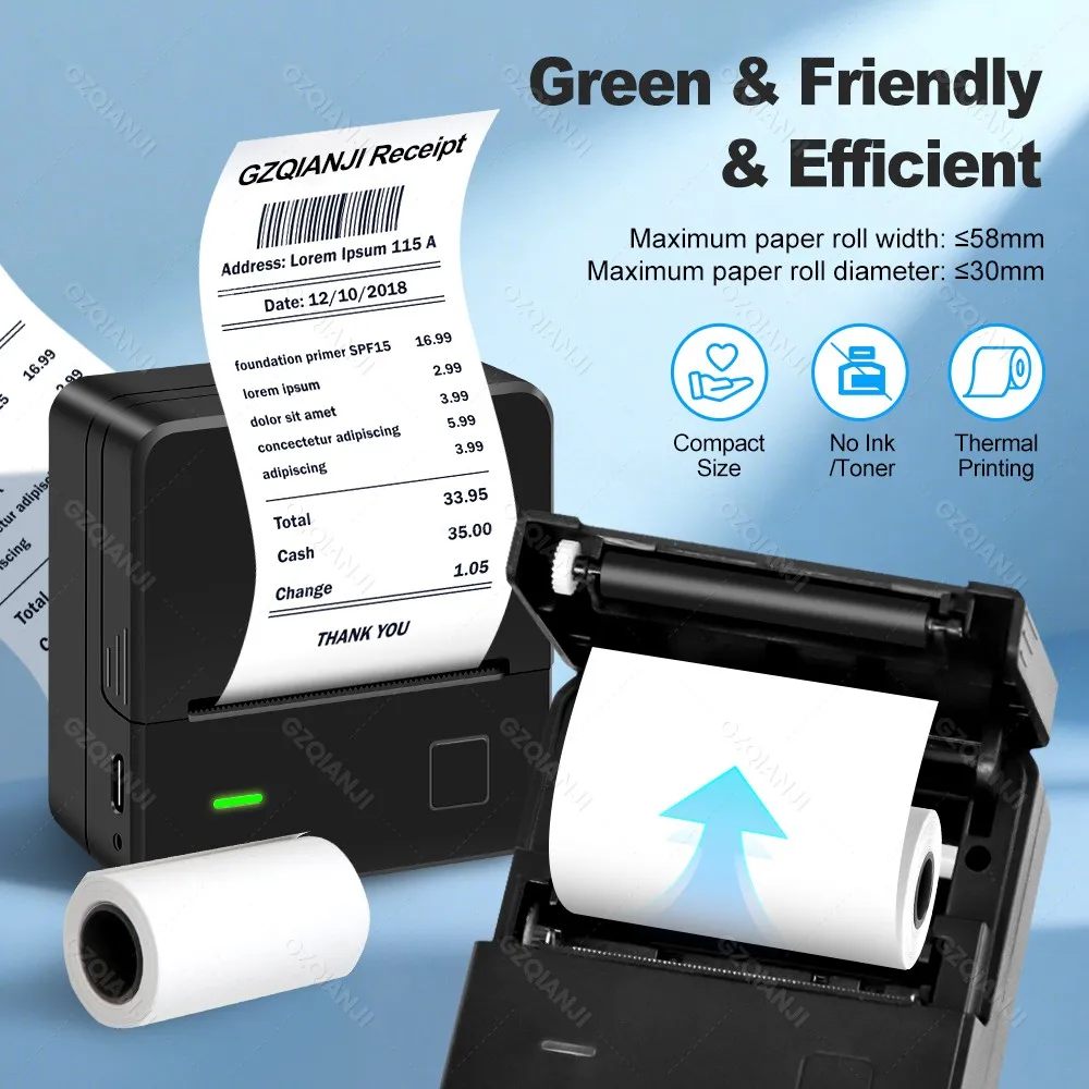 Pocket Mini Thermal Printer 2 inch Bluetooth 58mm Receipt Bill Ticket Printer with 58x30mm Print Paper for Restaurant Impresora