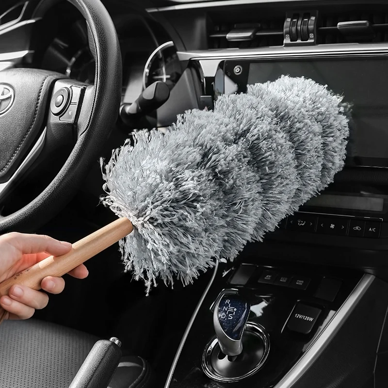 Cleaning Duster Fiber Duster Easy Clean Electrostatic Adsorption Household Cleaning Accessories Car Interior Cleaning Wood Handle Fiber Duster