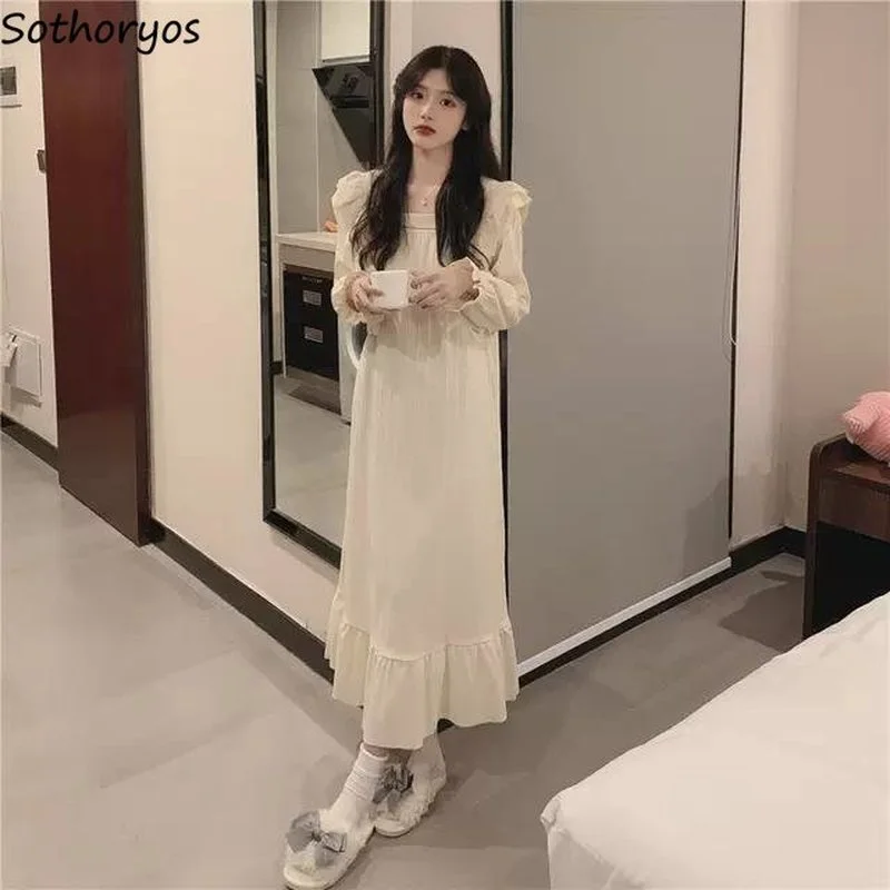 

Ночные рубашки Женские однотонные нежные свободные в стиле Харадзюку дизайнерская модная Пижама длиной до щиколотки простая уютная стильная принцесса с оборками