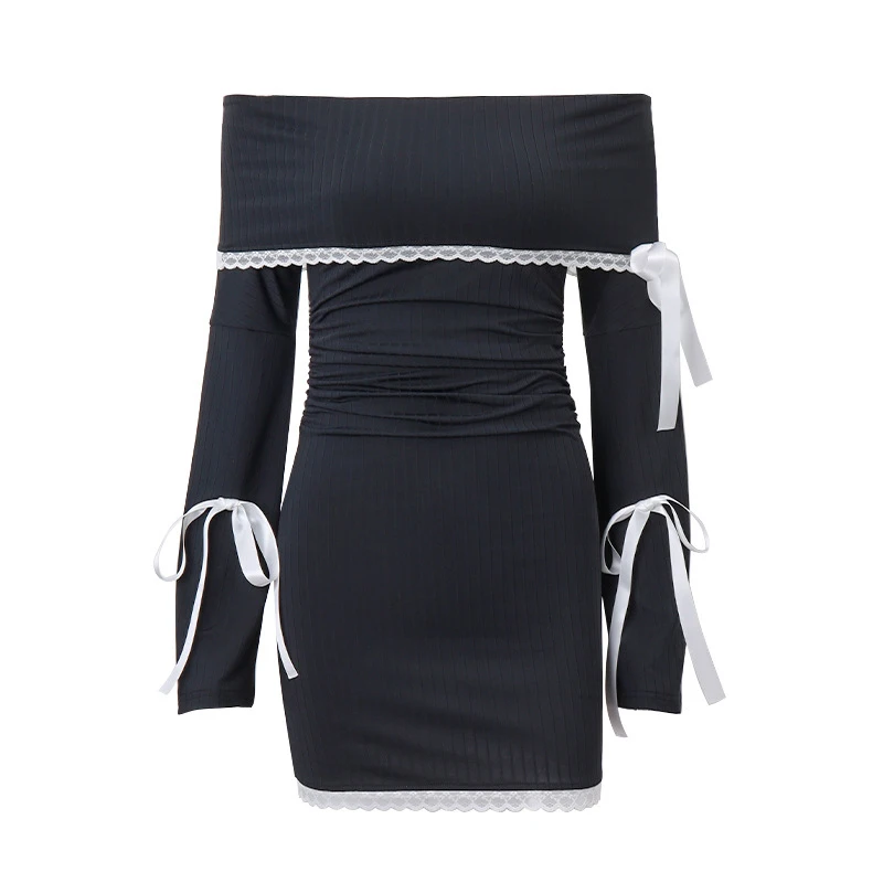 Vestido Fairycore Y2K para mujer, con encaje, hombros descubiertos, manga larga, ajustado, con lazo, para salir y fiestas.