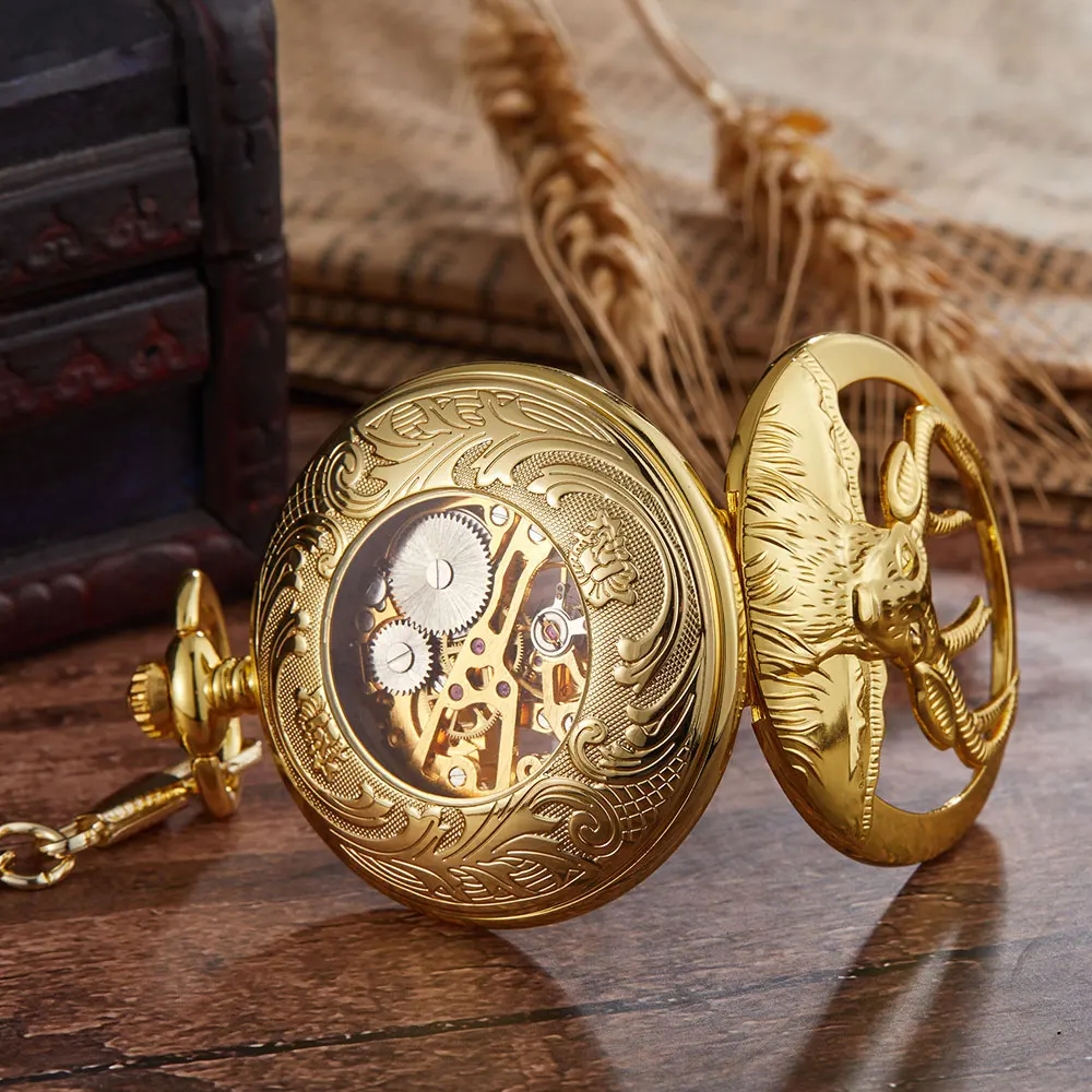 Mechanical Pocket Watch Zodiac Golden Hollow Golden Goat Design Steampunk Hand Winding Fob Animal Watch Chain Necklace Pendent