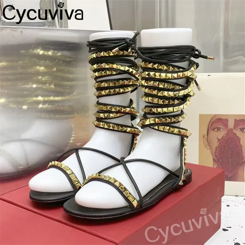 

Gold Rivet Studded Flat Sandals Women Open Toe Leather Mules Ankle Cross Tied Brand Beach Shoes Woman Summer Gladiator Sandals