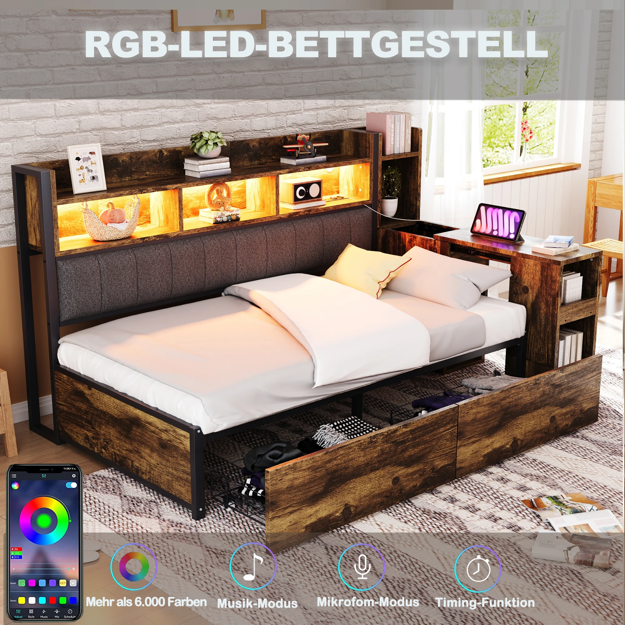 KOMHTOM Sofabett Schließfächern großen Schubladen ausziehbarem Schreibtisch multifunktionalen Steckdosen und LED Beleuchtung – Detail 6