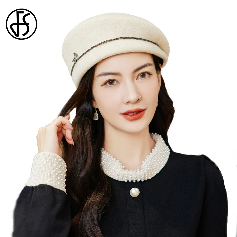 

FS Autumn Winter Retro Beret Fashion Daily Leisure Dome Top Hats For Women With Chic Bow Ladies Cap Female 100% Wool Felt Fedora
