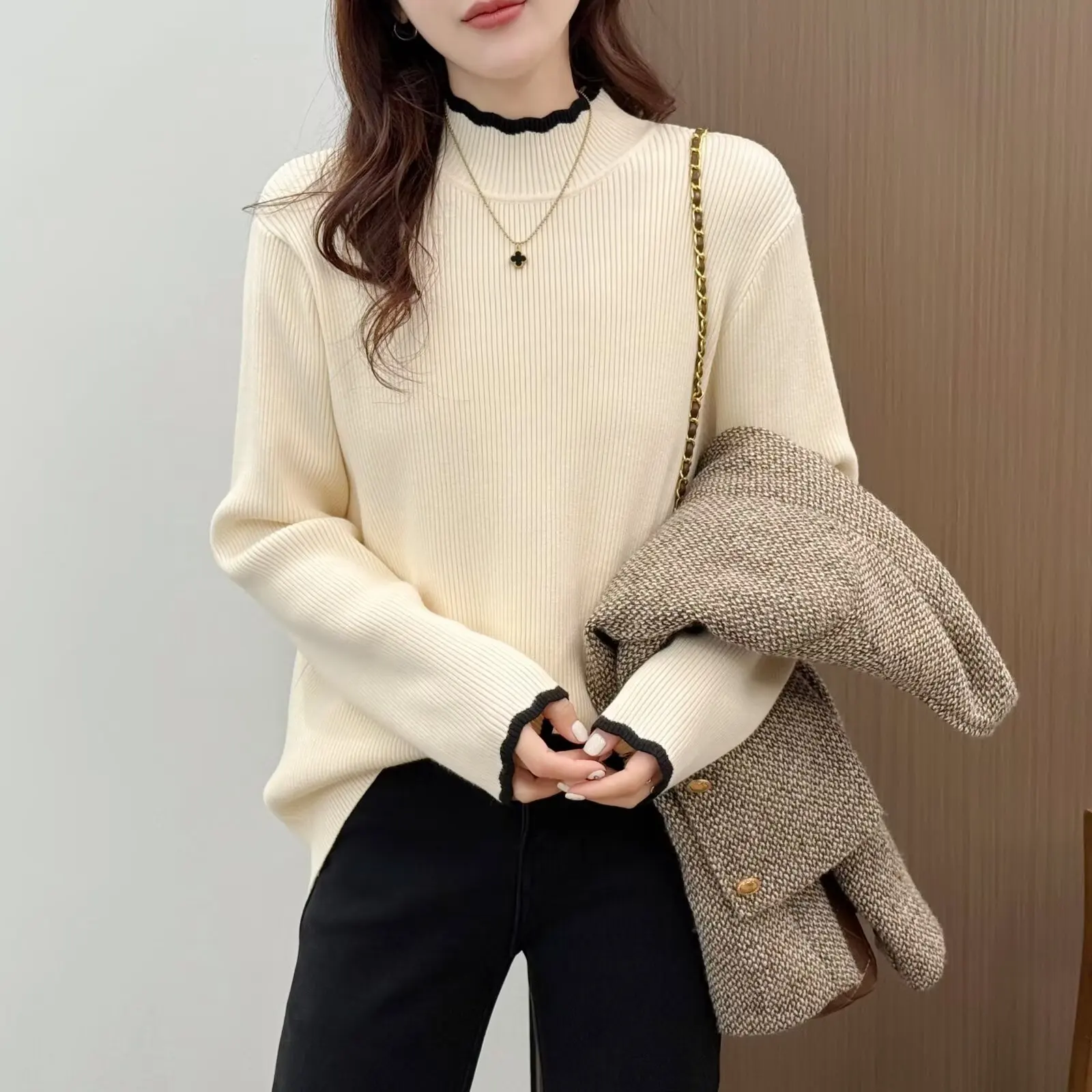 XXXL Fashion Plus Size Women's Sweaters Autumn And Winter New Style Contrasting Color Mock Neck Knitted Pullover 6667