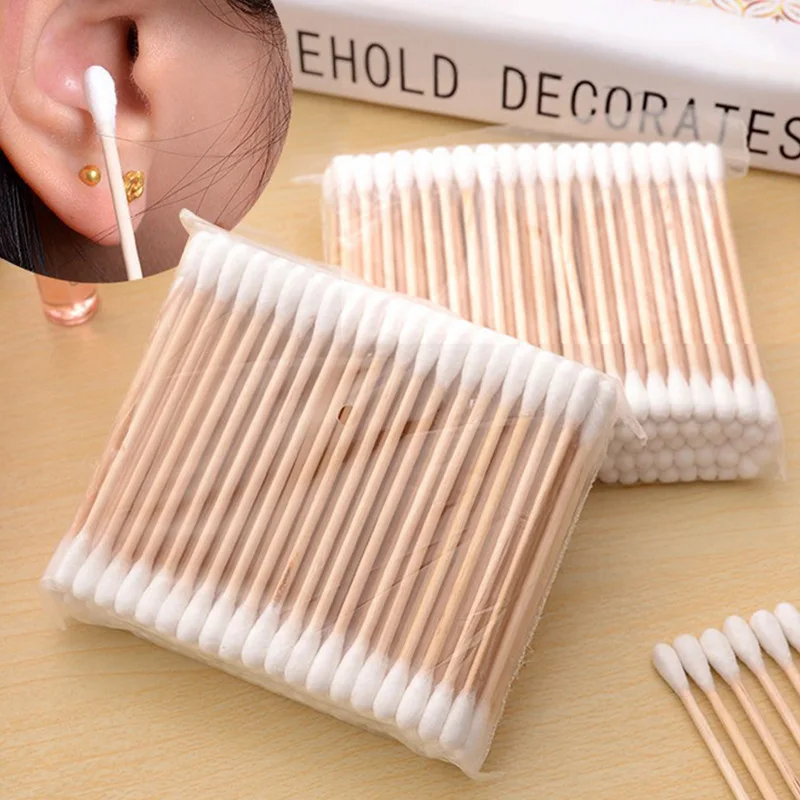Disposable Sanitary Cotton Swabs Soft Bags Wooden Sticks Double Ended Cleaning 100 pieces cotton swabs