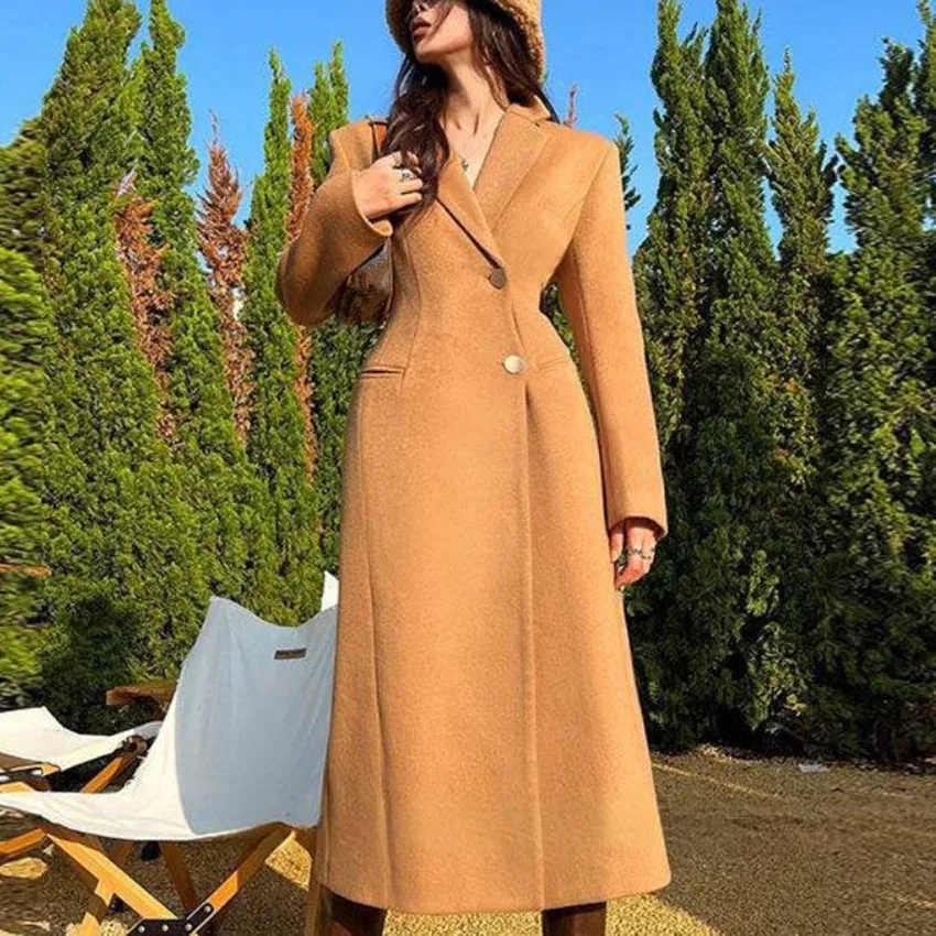 

Autumn Winter New Retro Woolen Overcoat Women Slim Waist OL Office Lady Wool Blends Outwear