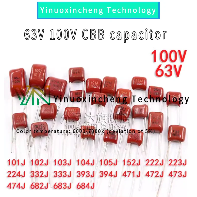 20PCS/LOT CBB capacitor thin film capacitor 102J 472J 103J 223J 473J 104J 474J 105J correction capacitor package kit 10 kinds 5 pcs 50 pcs kit 100v 102j 152j 332j 472j 103j 333j 473j 104j 224j 474j