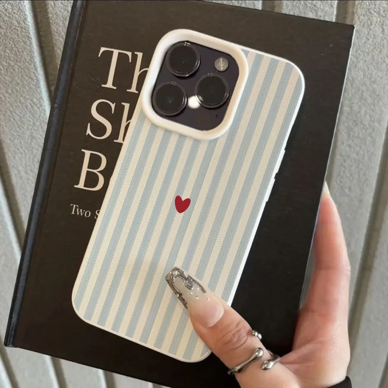 Blue Striped Red Heart Minimalist Pattern Phone Case