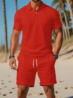 Polo boutonné à manches courtes et Short en maille respirante pour hommes, ensemble d'été décontracté et polyvalent à la mode, grande taille 4