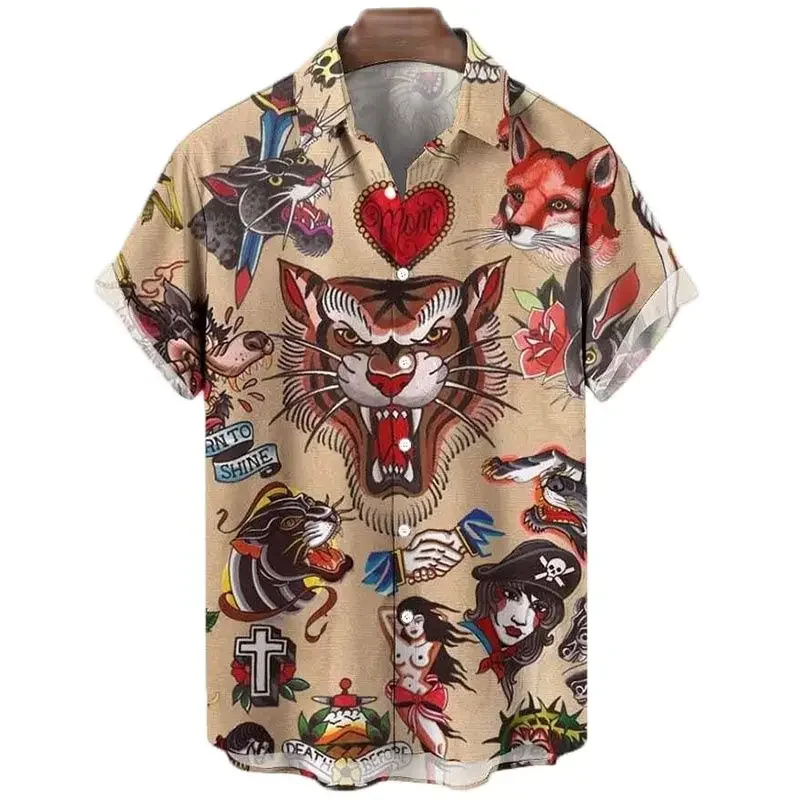 

Animal Elements Print Shirts For Men 3D Tiger Graphic T Shirts Streetwear Fashion Trend Short Sleeve Men's Single-Breasted Shirt