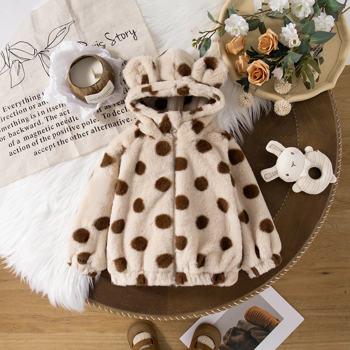 (0-3 Years Old Girls) Girls Turned Cotton Coat Winter New Bow Silk Lead Button Solid Color Wavy Texture with Velvet Thickening