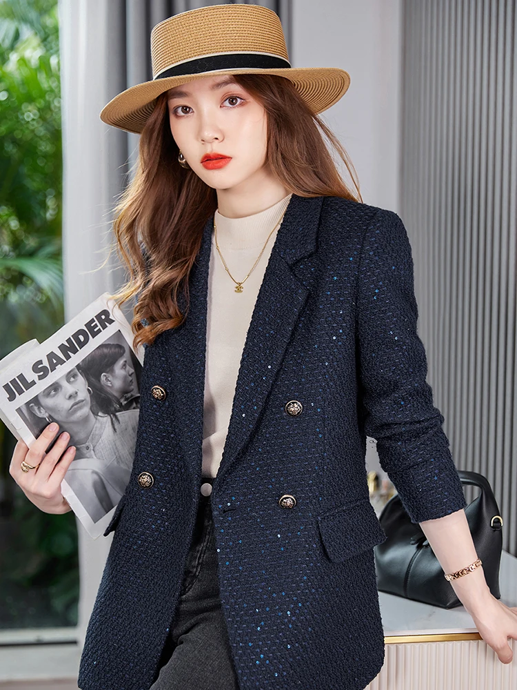 

2022 Black Blazer for Women Female Office Lady, Autumn New Arrival, Fashionable Casual Loose Slimming Black Sequin Suit Jacket