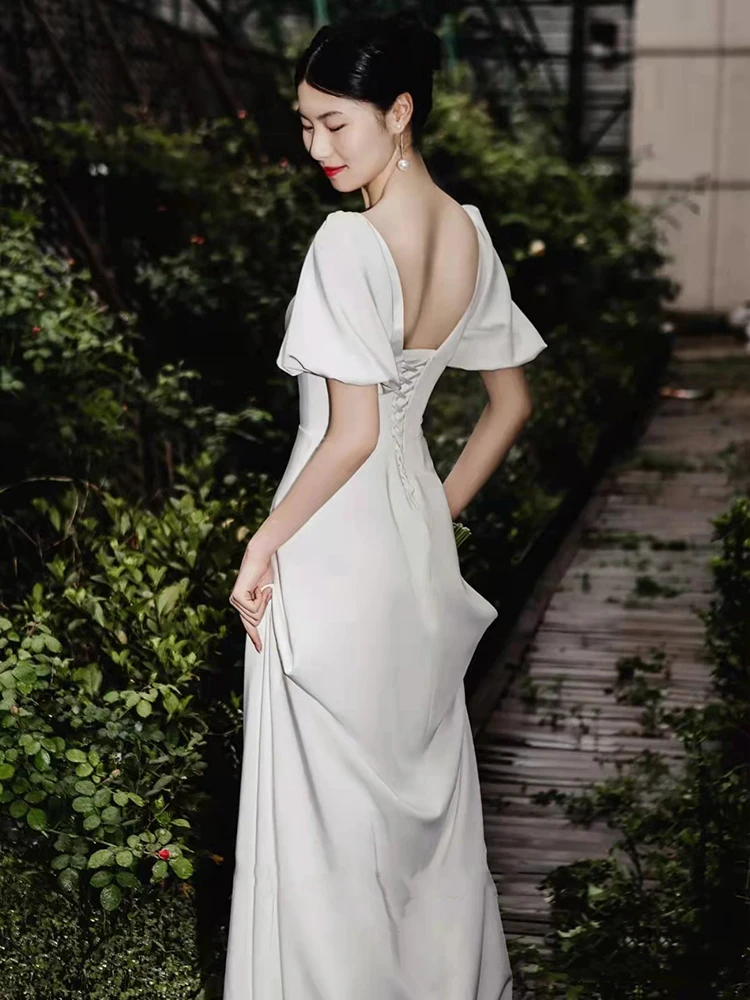 Satin Wedding Gown A-Line Sweetheart Puff Sleeve Wedding Dress Ruched  ウデングドレス Sweep Train Lace-Up  Simple Bride robe de mariée