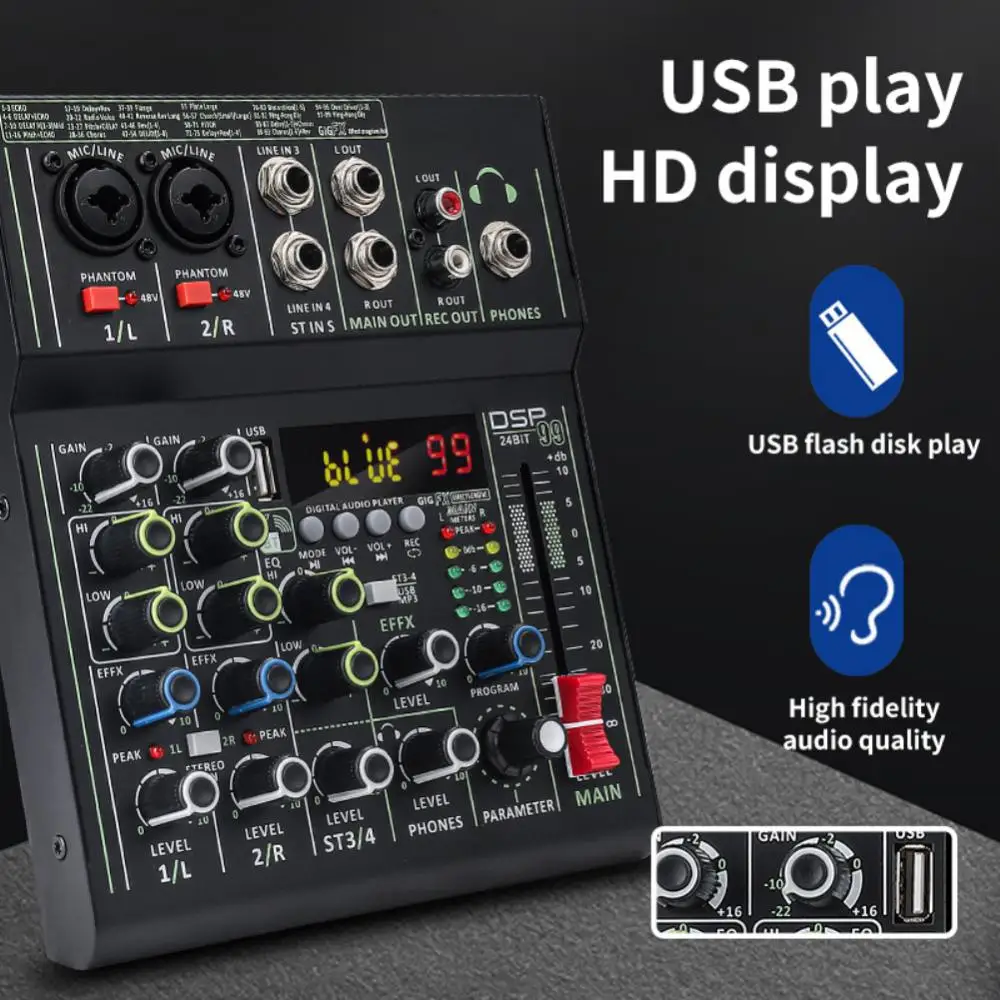 Manchez 미니 4 채널 사운드 카드 믹서, USB 콘솔, DJ 노래방, 스마트폰 전문 컴퓨터 녹음, 48V