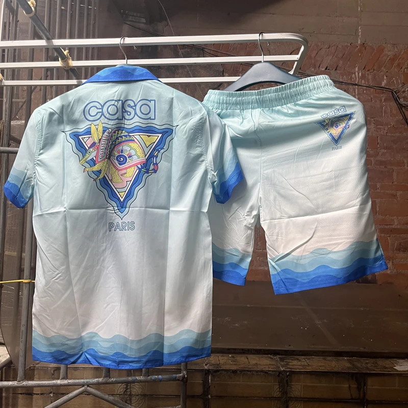 

GYM Real Photos Casablanca Shirts High Quality Blue Gradient Wave Colorful Boar Short Sleeved 3XL Casa Hawaiian Shirt for Men Wo