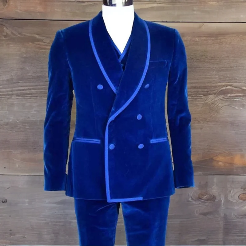 

Royal Blue Velvet Men Suits Slim Fit Double Breasted Shawl Lapel Groom Tuxedos for Wedding Smoking Blazer (Jacket+Pants+Vest)