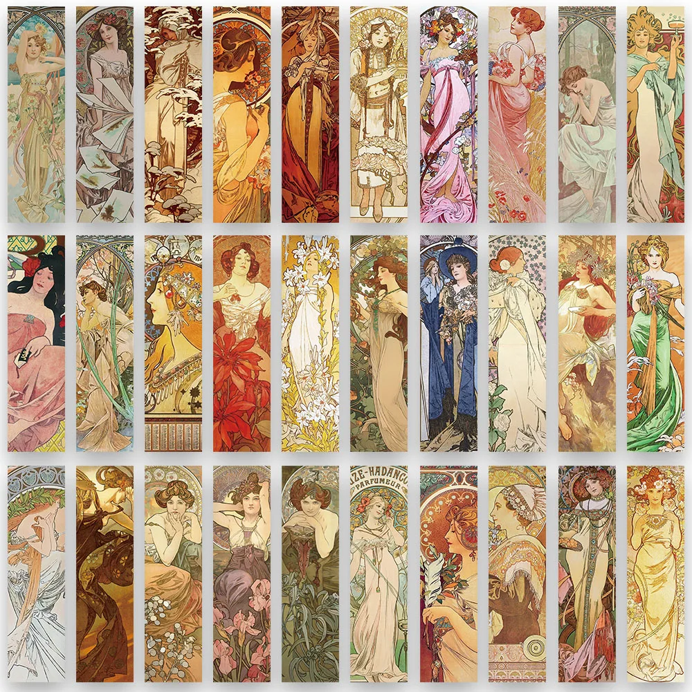 Retro Aesthetic Mucha Girls Paper Bookmarks - 30pcs for Students and Office Users