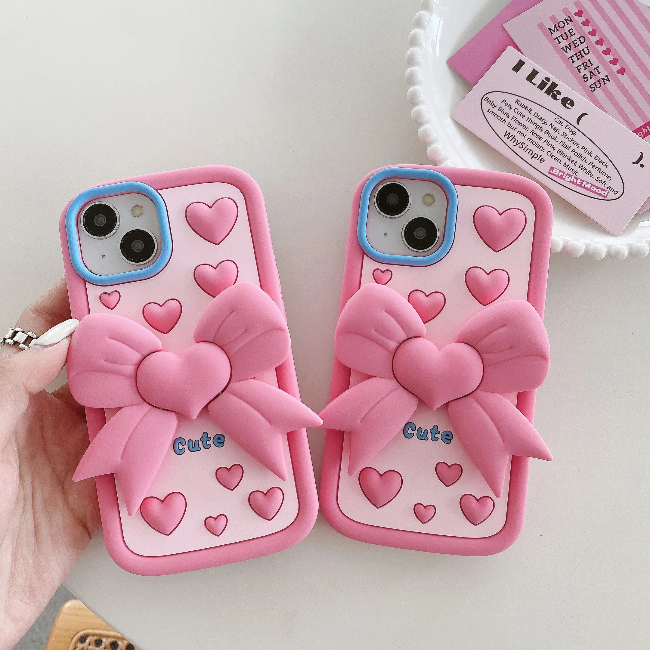 3D Cute Bowknot Folding Bracket Kickstand Soft Silicone Phone Case for iPhone 11 12 13 14 15 Pro Max Heart New Year Cover Shell