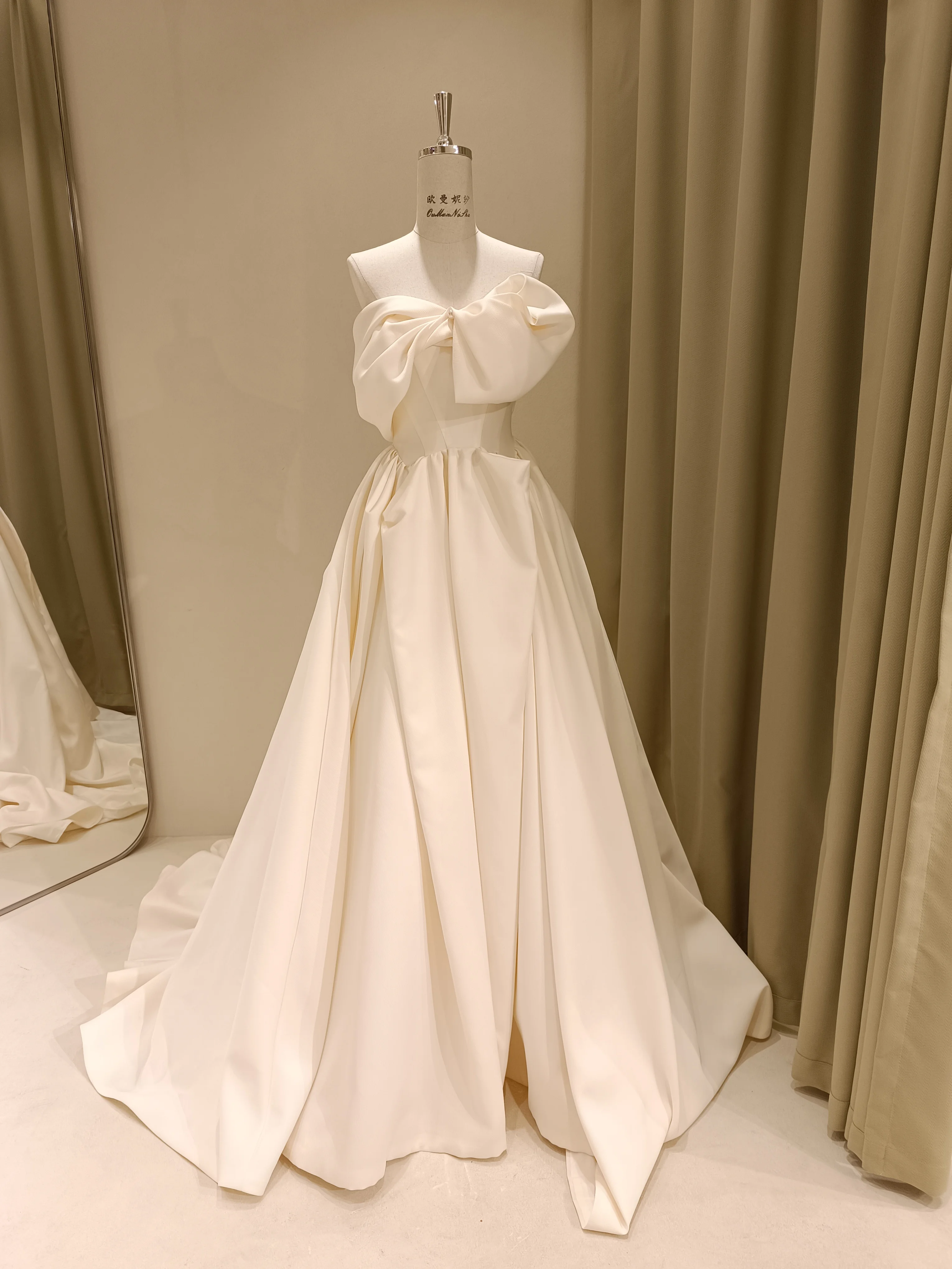 A Line Strapless Irregular Neckline Matte Satin Split Puffy Hem Wedding Dress