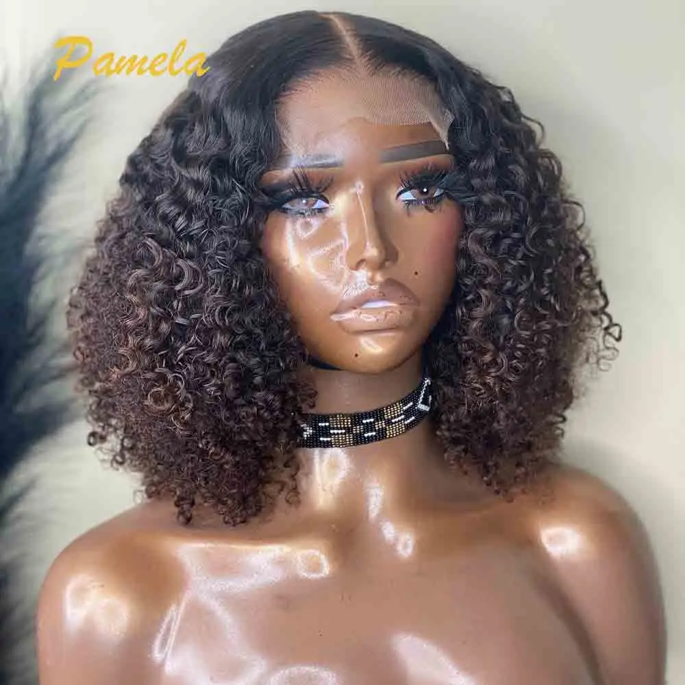 Honey Blonde Short Bob Glueless Wig Human Hair Ready To Go Highlight Ombre 1B/4 Color Curly Bob 13x4 Transparent Lace Front Wig