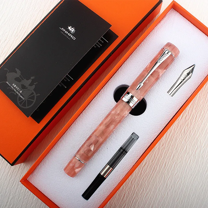 Jinhao 100 Fountain Pen Cherry blossom powder Acrylic EF/F/M/Bent Nib silvery Trim with Converter Writing Pen