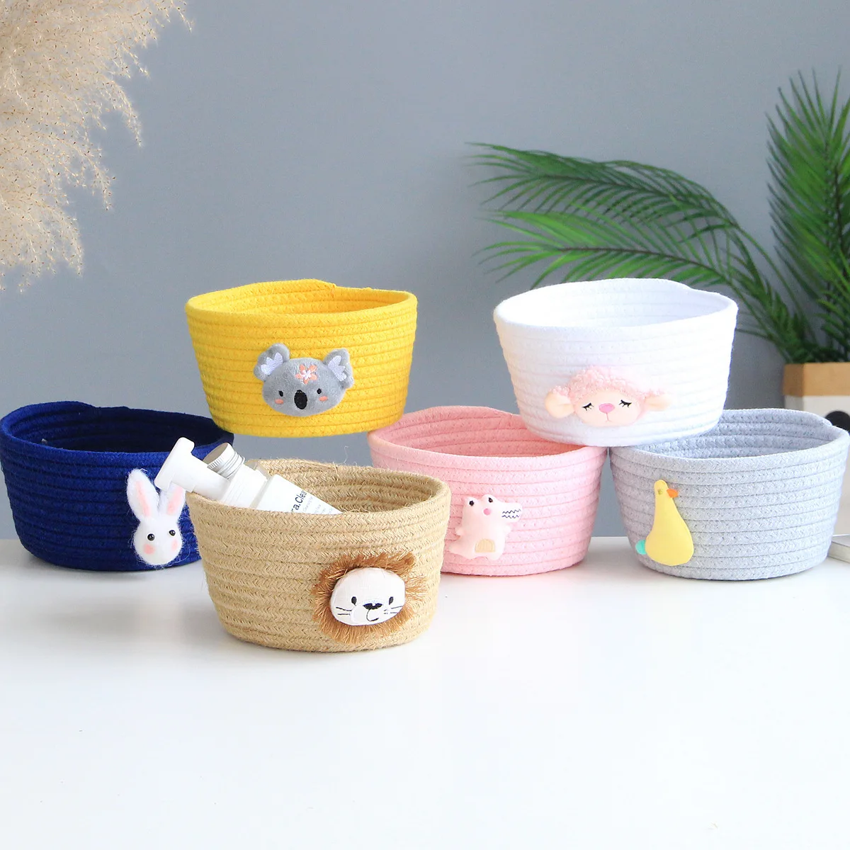 LuanQI-Cotton Rope Woven Storage Basket, Cartoon Animal, Desktop Sundries Box, Kids Clothes, Toy, Handmade, 16x9 cm