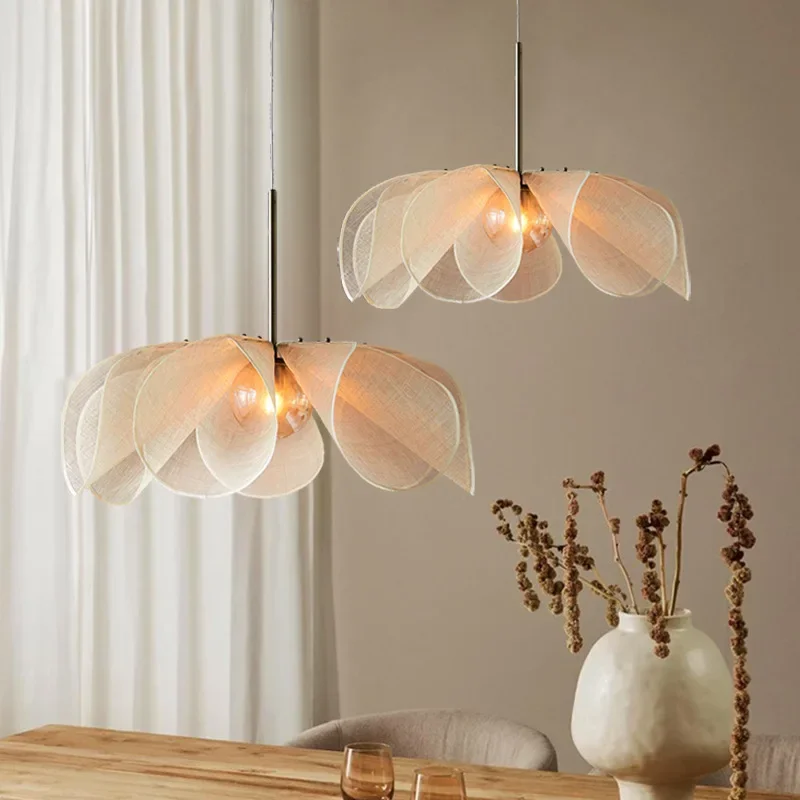 

Japanese Wabi Sabi Fabric Pendant Lights French Cloth Chandelier Nordic Simple Dining Living Room Bedroom Art Flower Shaped Lamp