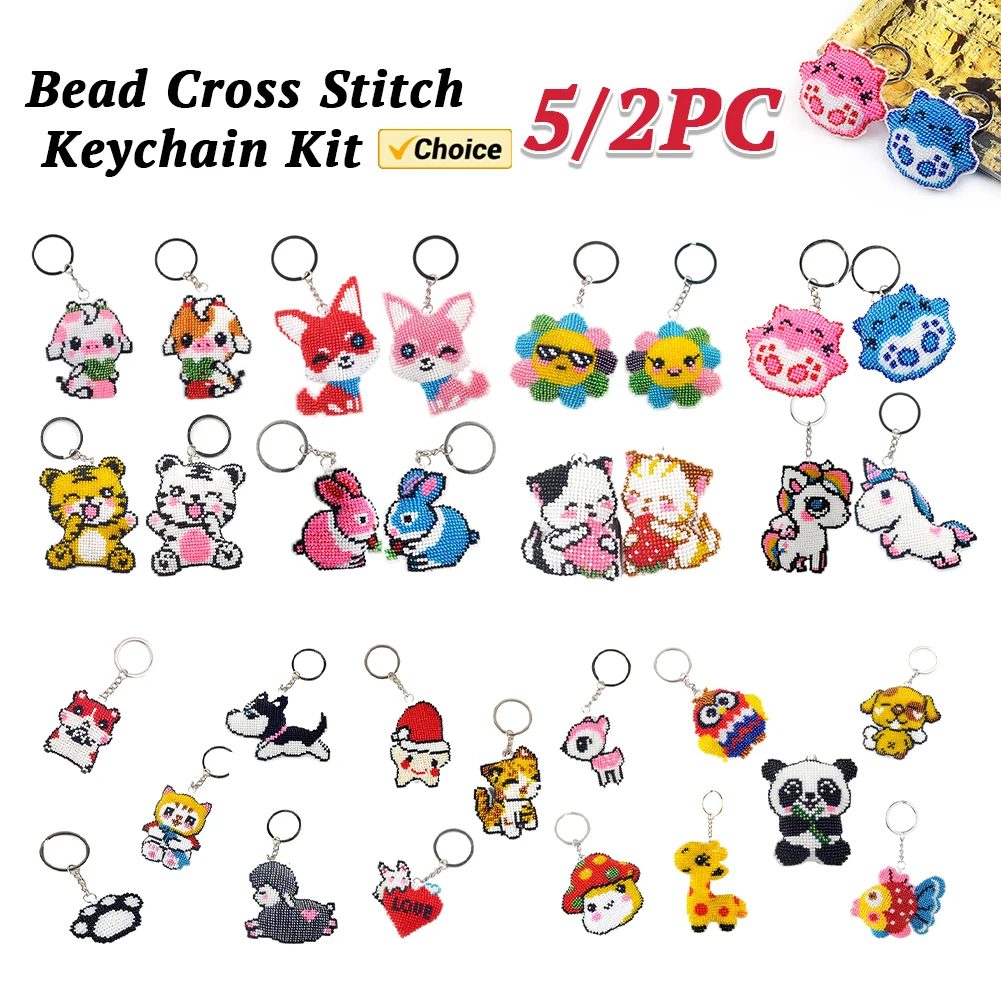 5pcs/2pcs Sheep Cross Stitch Bead Keychain Squirrel Cross Stitch Making Kit Beaded Embroidery Kit for Kids Adults Beginners