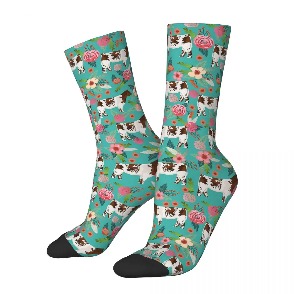 

Floral Cow Pattern Socks Men's Women's Funny Happy Animal Socks Hip Hop Spring Summer Autumn Winter Middle Tube Stockings Gift