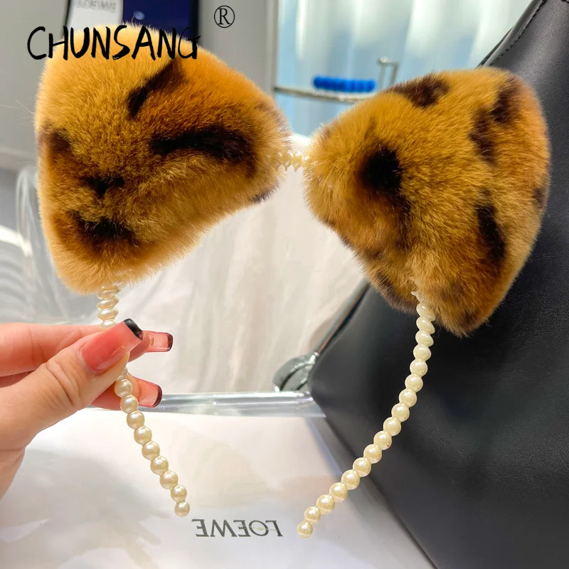 Pearl Cat Ears Color Real Rabbit Fur Wash Face Headband Headbands Head Band Hair Hoop for Women Girls Hair Accessories