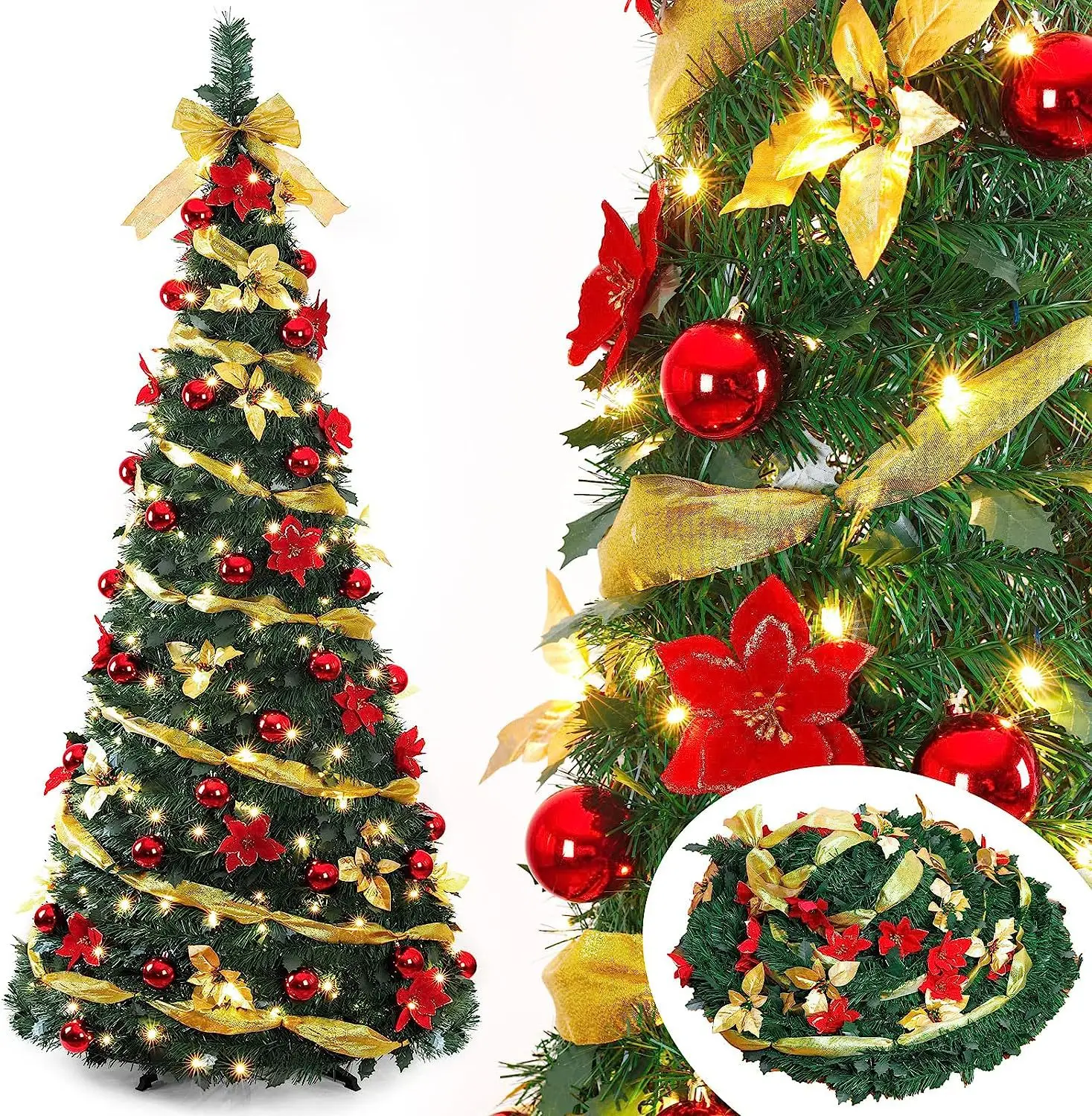 Foldable Pre-Decorated Christmas Tree with LED Lights & Ornaments – Easy Setup Holiday Tree for Home, Office & Shopping Mall Decorations